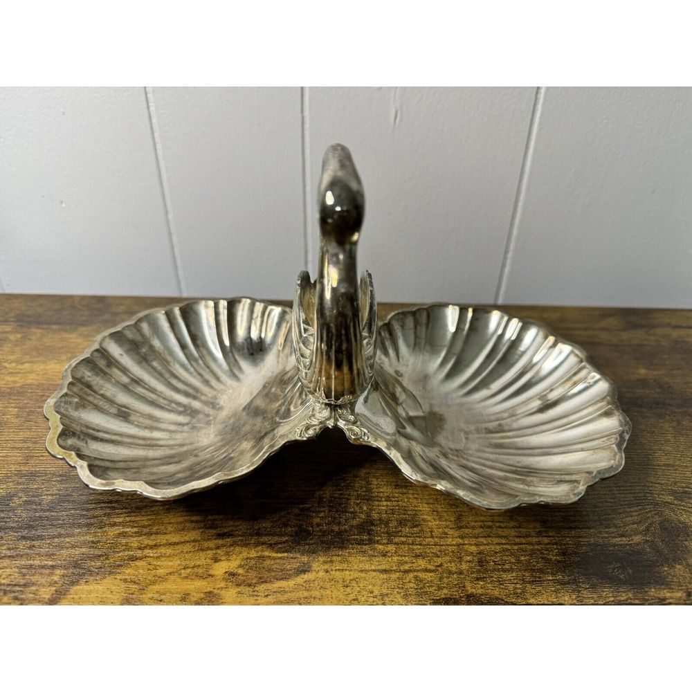 VTG Silverplate Swan & Double Shell Divided Candy/Nut Dish
